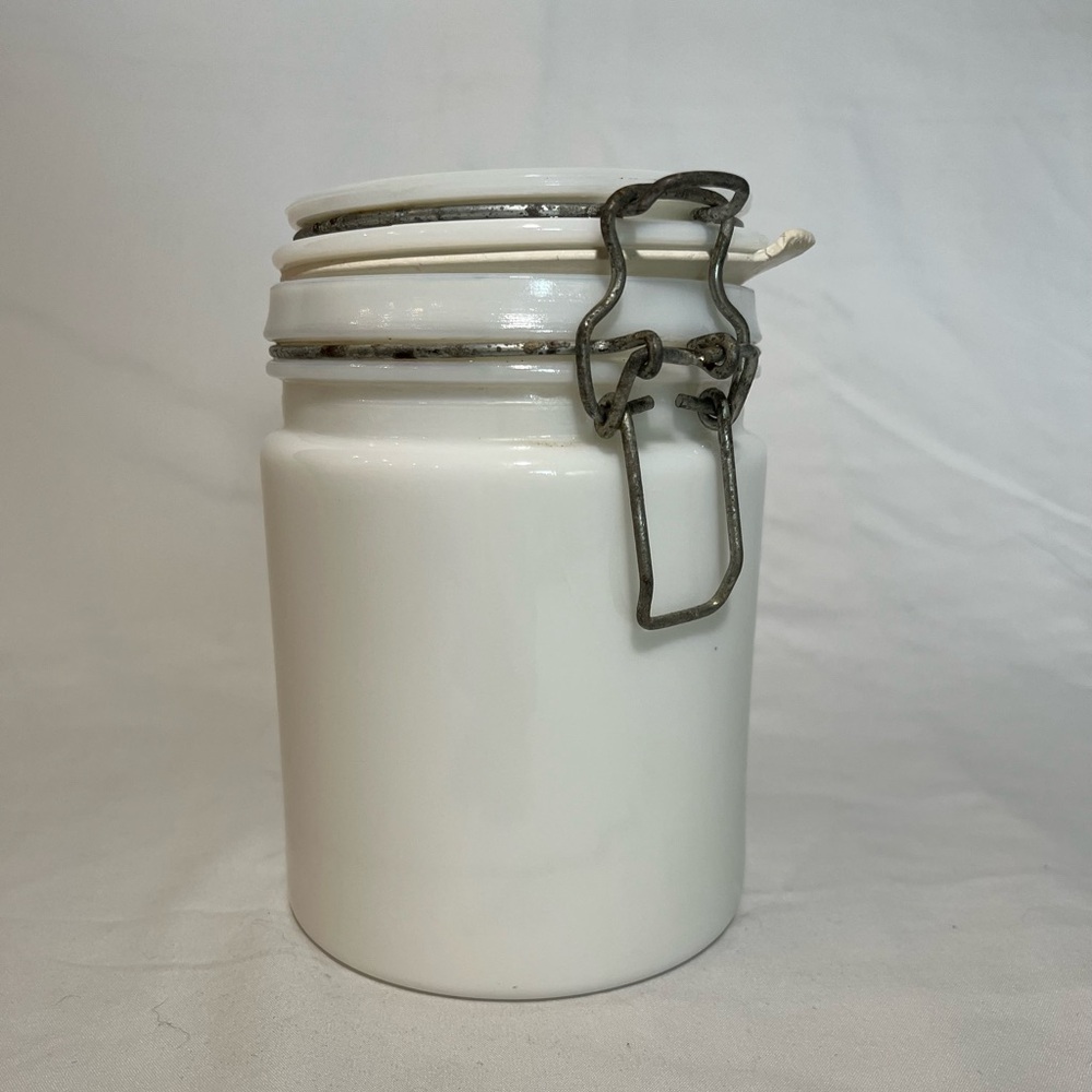Vintage White Milk glass Canister with Metal Clamp